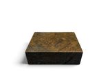 a close up of a wooden box on a white surface