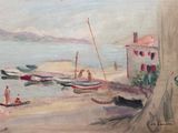 une peinture représentant des bateaux sur l'eau près d'un bâtiment