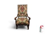 a close up of a chair on a white background with a red and green floral pattern