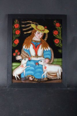 Femme aux deux agneaux Peinture sur verre