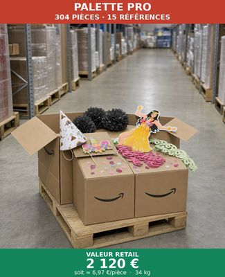 a cardboard box with decorations on top of it in a warehouse