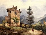 un tableau représentant une femme marchant sur un chemin de terre devant une maison