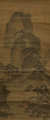 une image représentant une peinture représentant un paysage de montagne sur un panneau de bambou