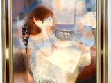 painting of a woman sitting at a table in front of a window