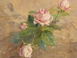 tableau représentant deux roses roses dans un vase posé sur une table