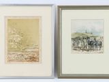 paire d'aquarelles encadrées représentant des chevaux et des personnages dans un paysage