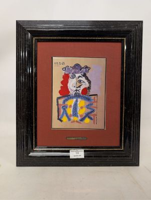 a painting of a dog with a clown hat on it ' s head