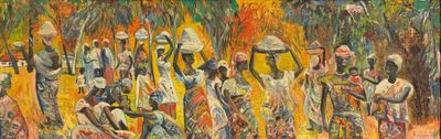 une peinture à l'huile représentant un groupe de personnes debout dans un champ