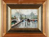 an oil painting of people walking on a bridge in the rain