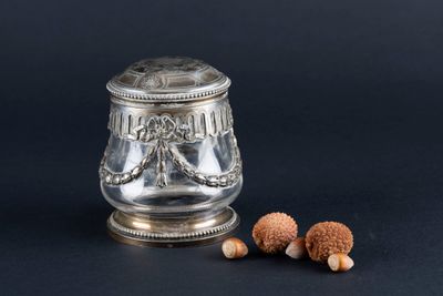 a silver plated container with nuts and nuts on a black background