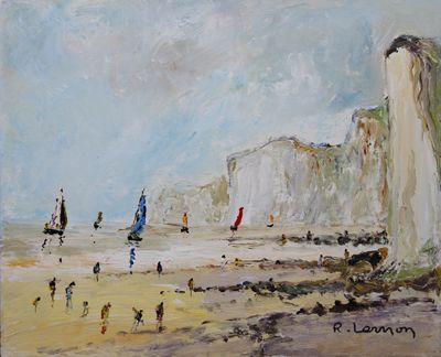 a painting of people walking on the beach near the cliffs