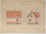 an old drawing of a house with a red roof and two windows