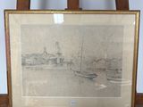 dessin représentant un bateau sur un plan d'eau, posé sur un chevalet en bois