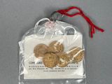 a bag of gold coins sitting on a table