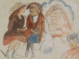 un dessin représentant un homme et une femme assis sur un banc