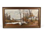 une peinture à l'huile représentant un paysage avec une rivière et des arbres