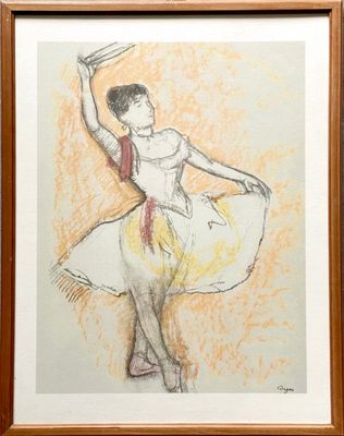 drawing of a ballerina in a yellow dress with a red scarf