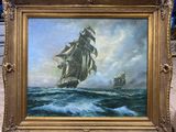 une peinture à l'huile représentant un voilier en pleine mer