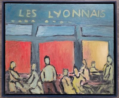 tableau représentant un groupe de personnes assises à une table à l'extérieur d'un restaurant