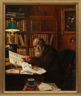tableau représentant un vieil homme en train de lire un livre dans une bibliothèque