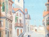 a painting of a city street with a clock tower in the background
