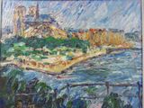 une peinture à l'huile représentant une vue de plage avec un château en arrière-plan