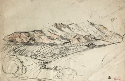 dessin représentant un paysage avec une montagne au loin et une personne à vélo au premier plan