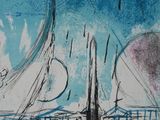 drawing of a boat in the water with a sky in the background