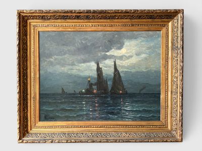 une image représentant une peinture de bateaux sur l'océan, avec le ciel en arrière-plan