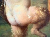 an oil painting of a naked woman hanging from a tree branch