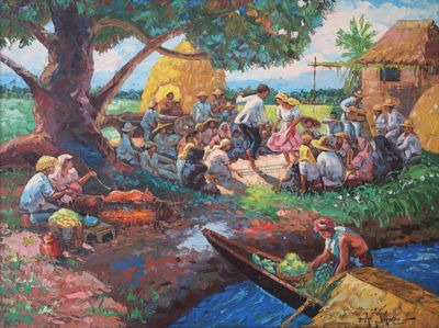 tableau représentant un groupe de personnes travaillant dans un champ au bord d'une rivière