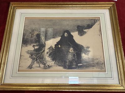 tableau représentant une femme en robe noire et un homme en cape noire