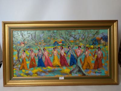 painting of a group of women in colorful dresses in a gold frame
