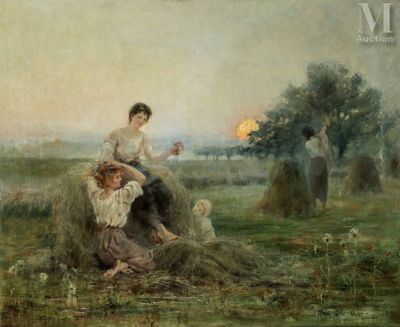 an image of a painting of two women sitting on a hay bale