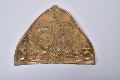a gold plate with a crown on it on a white surface