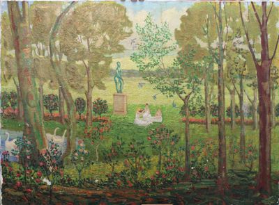 a painting of a garden with a statue in the background