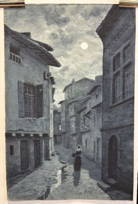 a painting of a person walking down a street