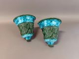 pair of blue and green vases with paisley designs on them