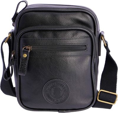 a black leather cross body bag on a white background