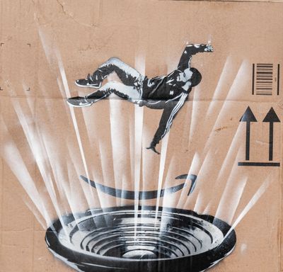 a picture of a painting of a man falling off of a fountain