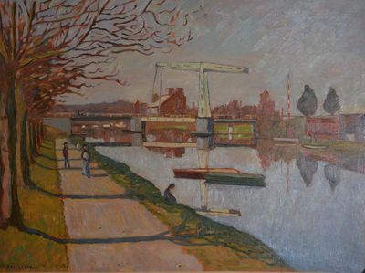 un tableau représentant des personnes marchant sur un sentier au bord de l'eau