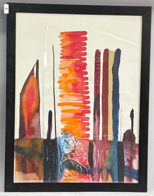 painting of a cityscape in a black frame hanging on a wall