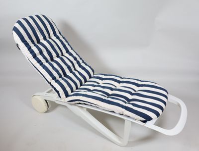 blue and white striped chaise lounger with wheels on a white background