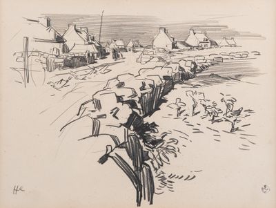 an image of a drawing of a village with a fence in the foreground