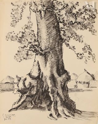 une image représentant un dessin d'un arbre avec un oiseau en arrière-plan