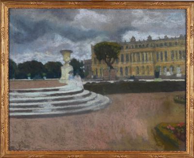 an oil painting of a fountain in front of a large building