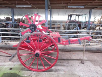 une calèche tirée par un cheval rouge, dans une grange où se trouvent d'autres chevaux