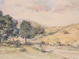 a watercolor painting of a landscape with trees in the foreground