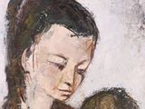 an oil painting of a woman holding a baby in her arms