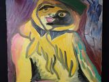 un tableau représentant un chat portant un chapeau et une veste jaune